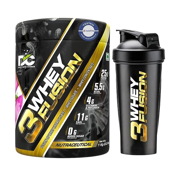DC DOCTORS CHOICE 3 Whey Fusion 1Kg Whey Protein 25g Protein Per Serving (Strawberry Banana Milkshake) With Shaker