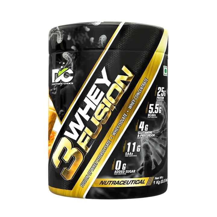 DC DOCTORS CHOICE Whey Protein 3Whey Fusion 1Kg l Pure Whey Isolate as primary source l Hydrolysate Protein l Fast Recovery l Lab Tested l 25g protein l 5.5G BCAA,11G EAA,0 sugar - Choco Bro