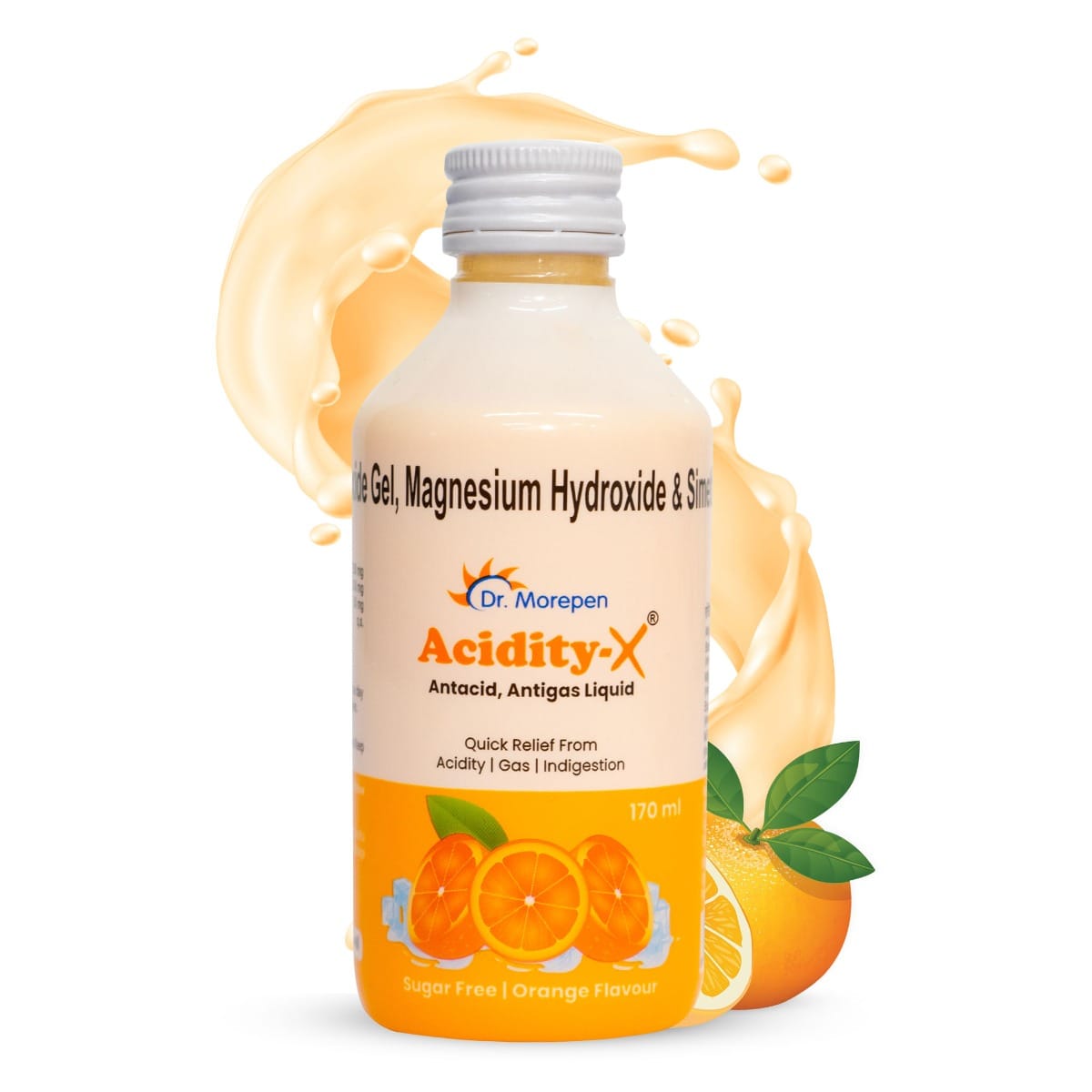 DR. MOREPEN Acidity-X Syrup for Acidity, Gas & Indigestion Relief, Orange Flavour - 170ml + helps neutralize stomach acids +