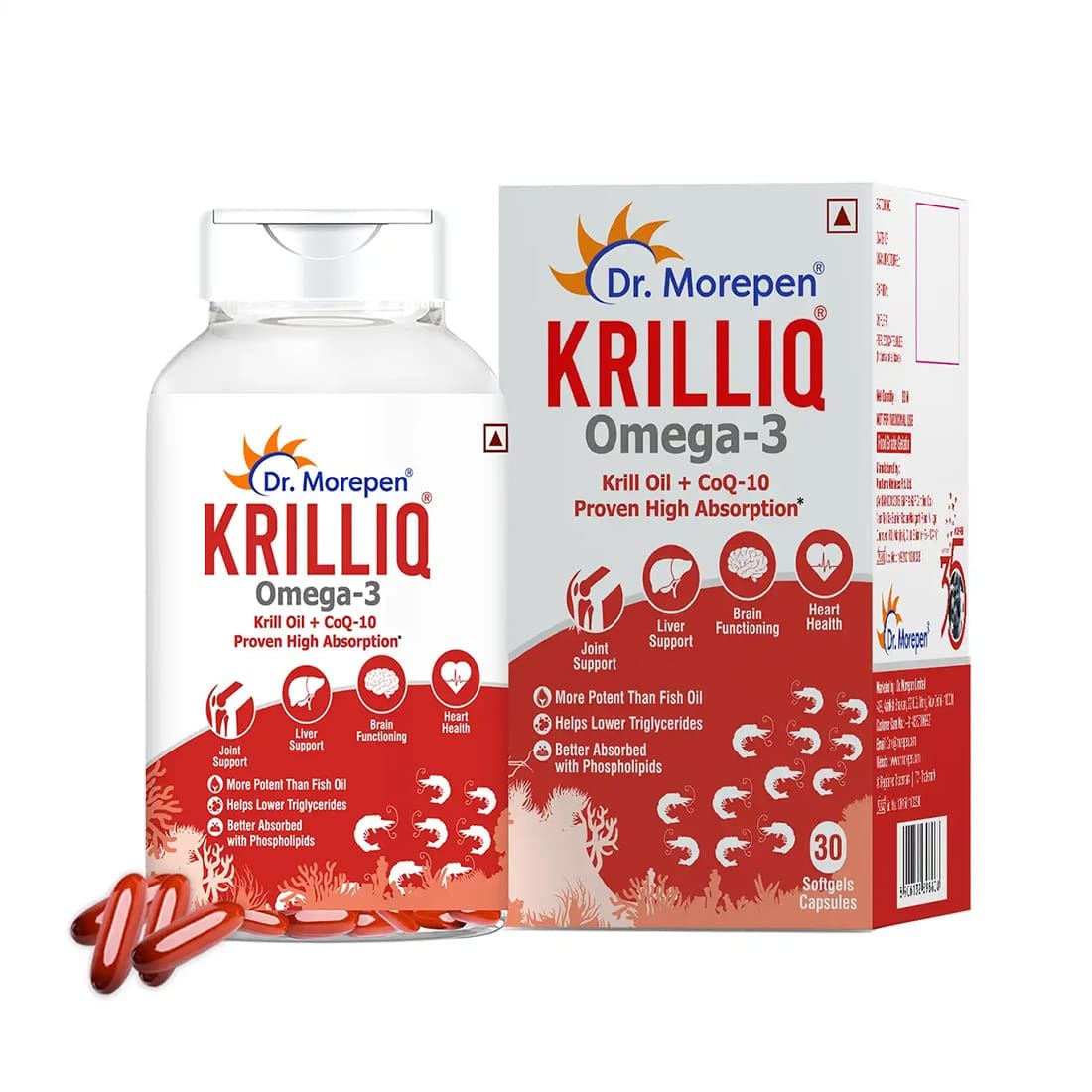 DR. MOREPEN Krilliq Krill Oil Capsules with Coenzyme Q10 for Healthy Heart, Brain, Liver, Joints & Skin - 30 Softgels