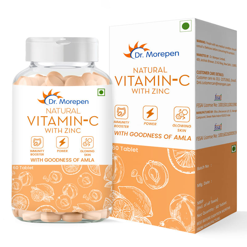 DR. MOREPEN Natural Vitamin C with Zinc Tablets for Immunity & Glowing Skin - 60 Veg Tablets + with goodness of amla + antioxidant rich amla extract