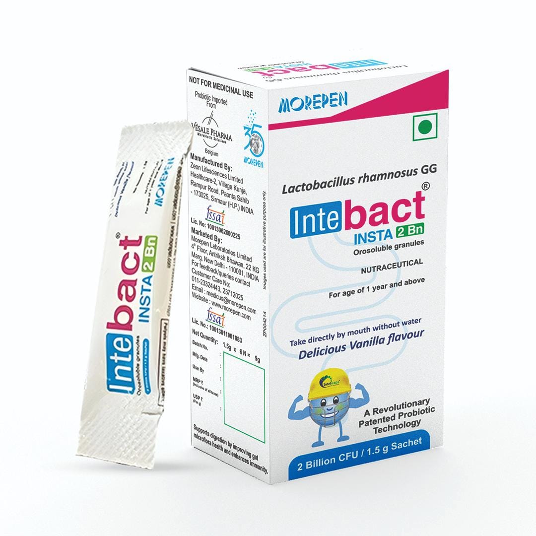Morepen INTEBACT INSTA 2BN Prebiotics and Probiotics Supplement for Digestive Health Vanilla Flavour - 6 Sachets - 1.5 gm each