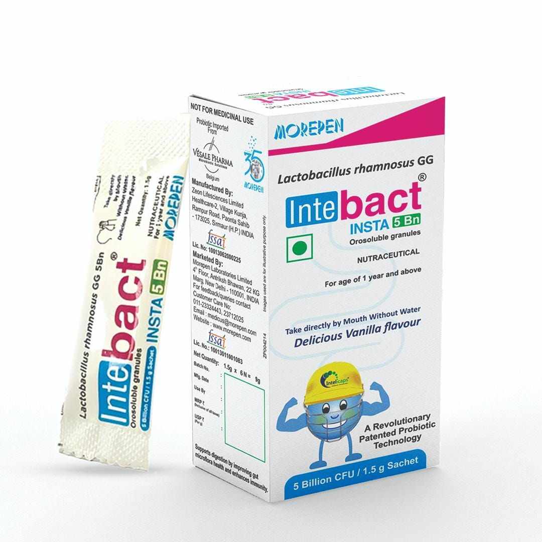 Morepen INTEBACT INSTA 5BN Prebiotics and Probiotics Supplement for Digestive Health Vanilla Flavour - 6 Sachets - 1.5 gm each