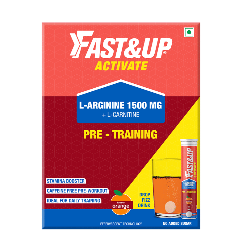 Fast & Up Activate- Caffeine Free Pre-training Drink- 1500 mg L-Arginine & other Active Nutrients- Prevents Exercise Induced Oxidative Stress, Boosts Stamina & Metabolism- Orange Flavour- Pa