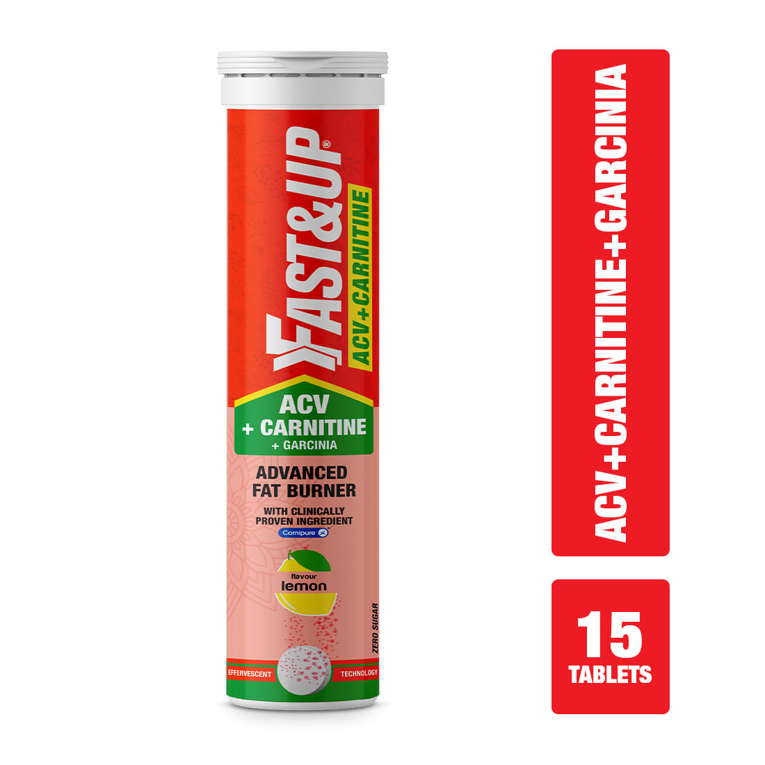 Fast & Up ACV + Carnitine | 500mg ACV | 350mg L-Carnitine | 500mg Garcinia| Lemon Flavour (15 Effervescent Tablets)