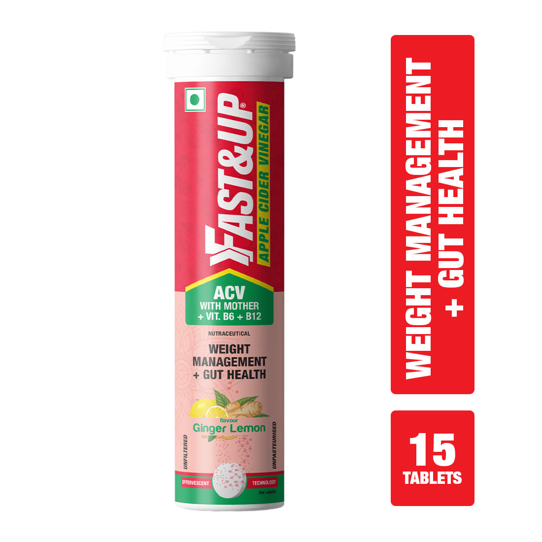 Fast&Up Apple Cider Vinegar with Mother | Added Vit. B6&B12 | Weight management & Gut Health | Ginger Lemon - 15 Effervescent Tablets