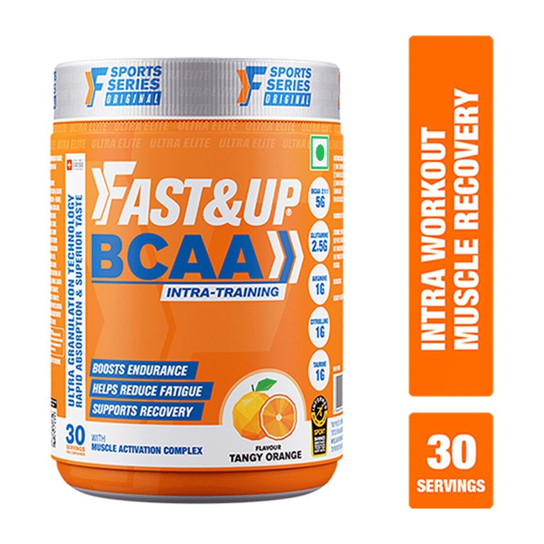 Fast&Up BCAA (30 Servings, Orange Flavour) Advanced BCAA Supplement powder with Glutamine, Citrulline,L-Arginine & Taurine For Muscle Recovery & Endurance - Pre/Post & Intra Workout Suppleme