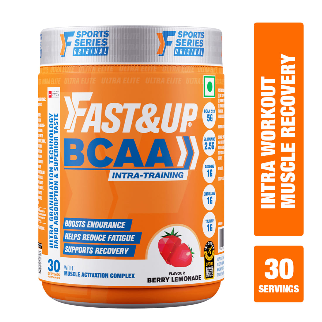 Fast & Up BCAA Advanced BCAA Supplement with Glutamine, Citrulline, L-Arginine & Taurine For Muscle Recovery & Endurance (30 Servings, Peach Ice Tea Flavour)