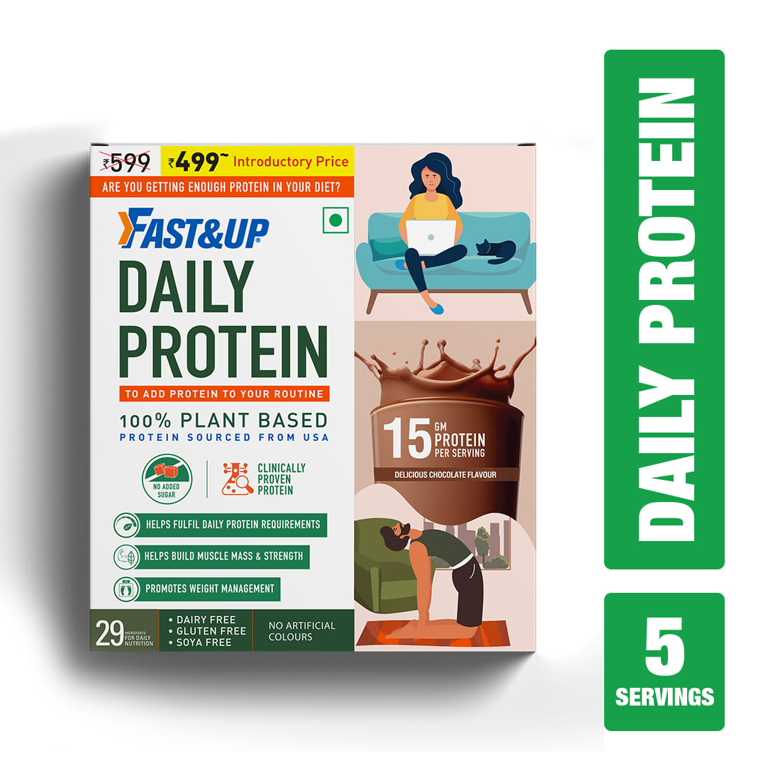 Fast & Up Daily Protein |15g Plant Protein | Fulfils Daily Protein Requirement | 29 Ingredients for Daily Nutrition | (150 g, 5 Servings, Delicious Chocolate Flavour)