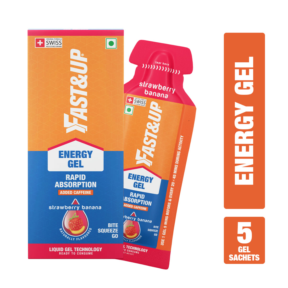 Fast & Up Energy Gel With Added Caffeine,Electrolytes,Maltodextrin,Vegan,Gluten-Free-102kcal Energy Drink (5x30 g, Strawberry Banana Flavored)