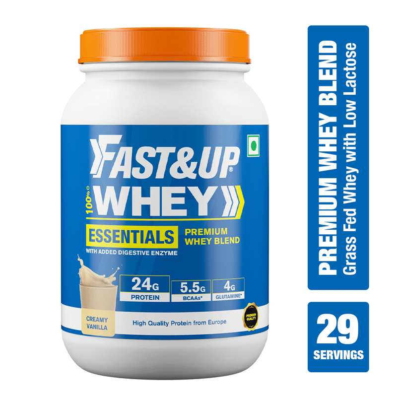 Fast & Up Essentials Whey Protein Isolate Blend (Creamy Vanilla Flavour), 29 Servings, 24g Protein, 5.5g BCAA, 4g Glutamine (2.11 Lbs, 957 Gms)