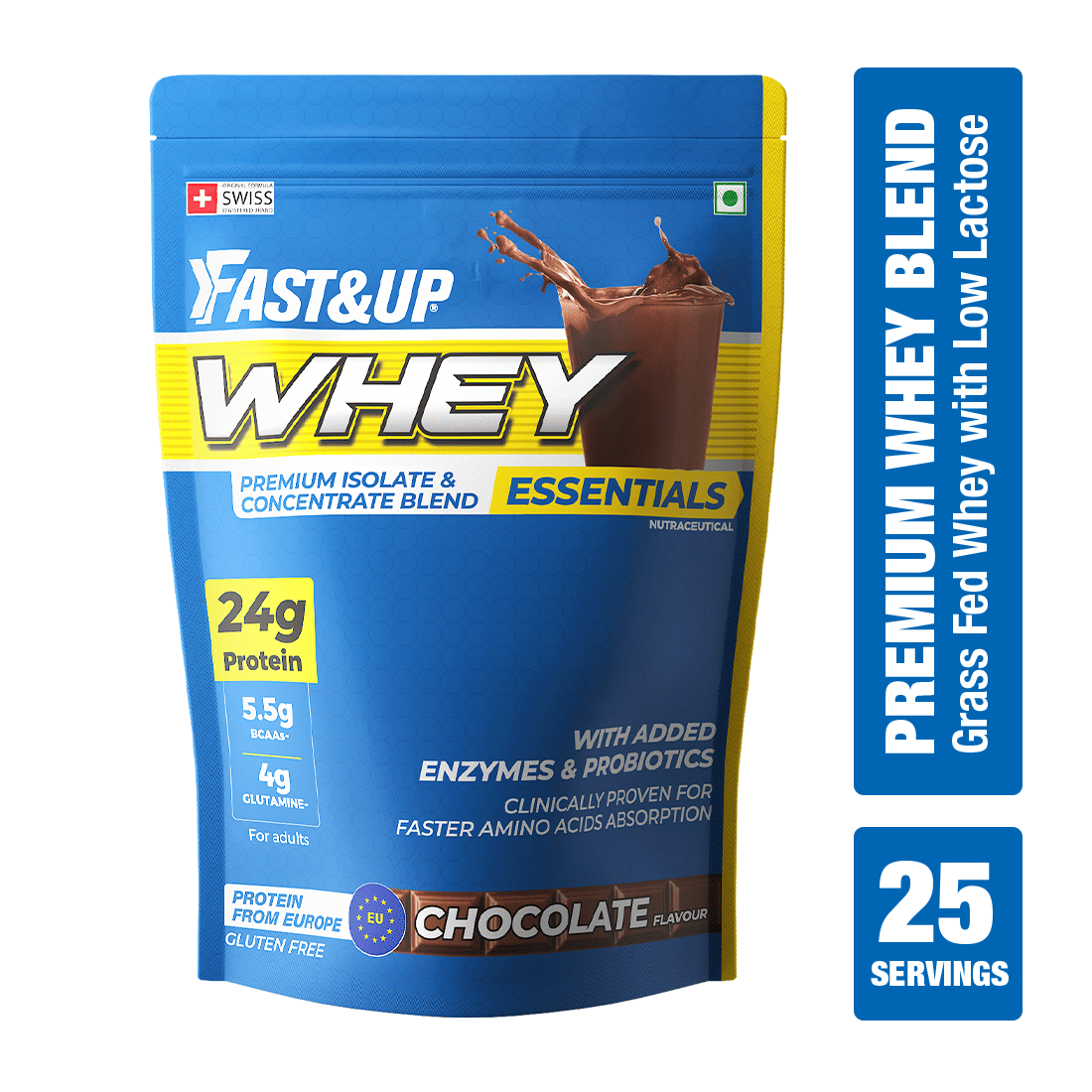 FAST&UP Essentials Whey Protein Isolate Blend (Rich Chocolate flavour), 30 Servings, 24g Protein, 5.5g BCAA, 4g Glutamine (2.1 Lbs, 800gm)