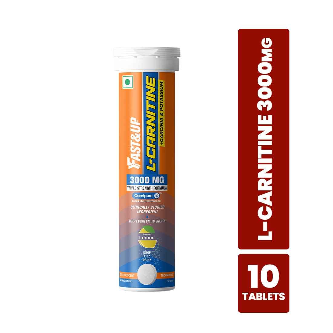 FAST&UP L-Carnitine Tartrate 3000mg (Pack of 10 Effervescent Tablets,Lemon Flavor), Carnipure Lonza Switzerland, helps convert fat into energy, Energy Booster with added Garcinia and potassi