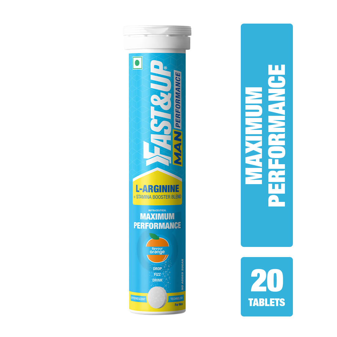 Fast & Up Man Performance- 1500mg Fast Absorbing L-Arginine With Stamina Booster Blend-Helps Maximize Energy and Blood Flow for Man-Tube of 20 tablets-Orange Flavor
