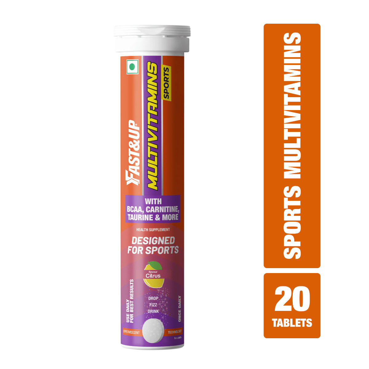 Fast&Up Multivitamins Sports |Multivitamin & Minerals |Amino Acids| BCAA | Carnitine | Taurine | Sports Multivitamin | Metabolism, Stamina, Muscle Health -20 Effervescent Tablets, Citrus Fla