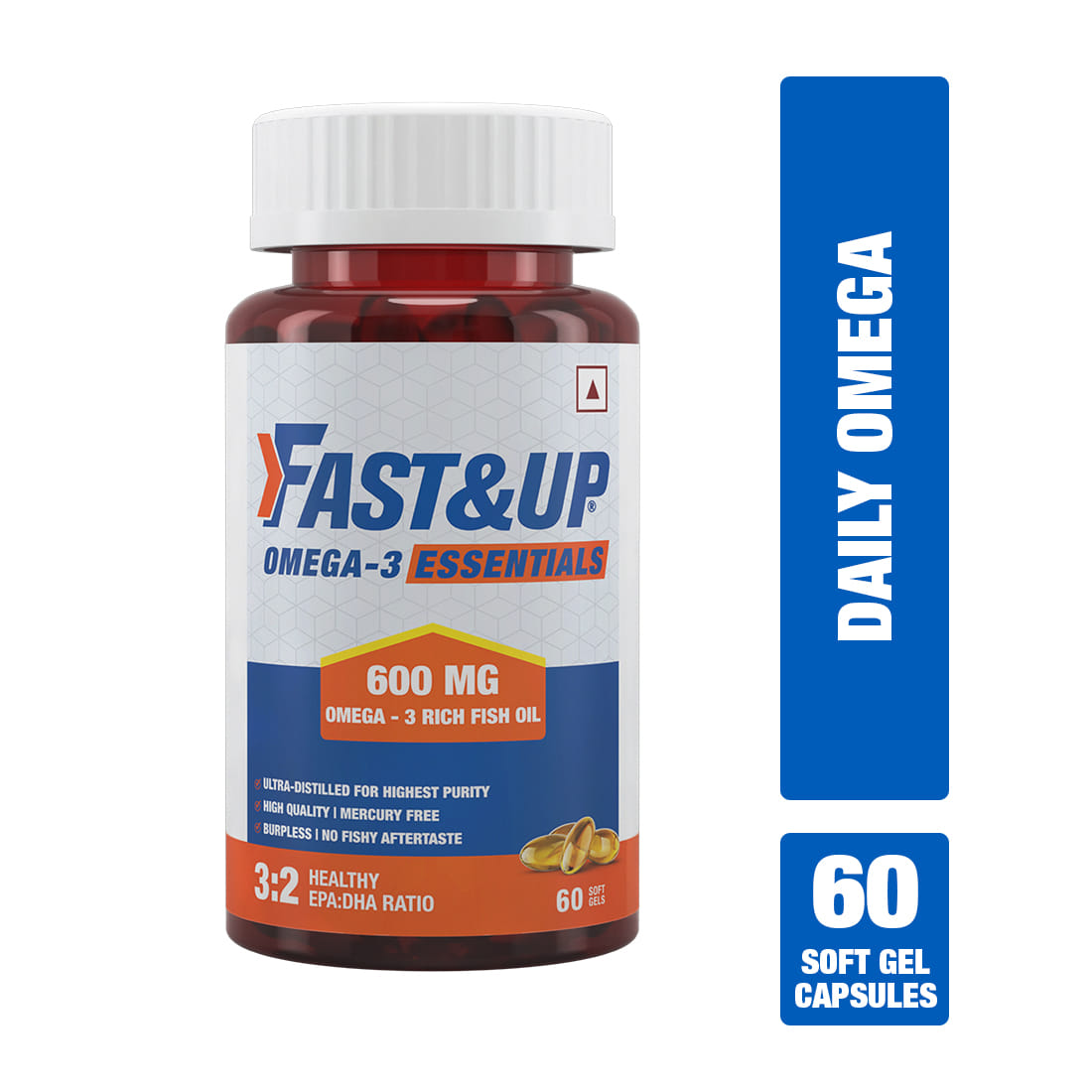 Fast & Up Omega 3 Essentials Fish Oil 600mg (60 soft gel capsules) triple strength care for heart, Brain, Joint & Eye 3:2 EPA:DHA chocolate flavour,White + Blue