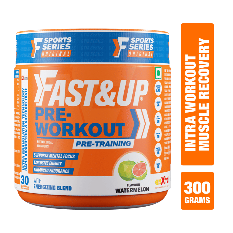 Fast&Up Pre-Workout Supplement (30 Servings, Watermelon Flavour) | Pre Workout Supplement For Men & Women with B-Alanine, Creatine, Taurine For Performance & Energy Boost