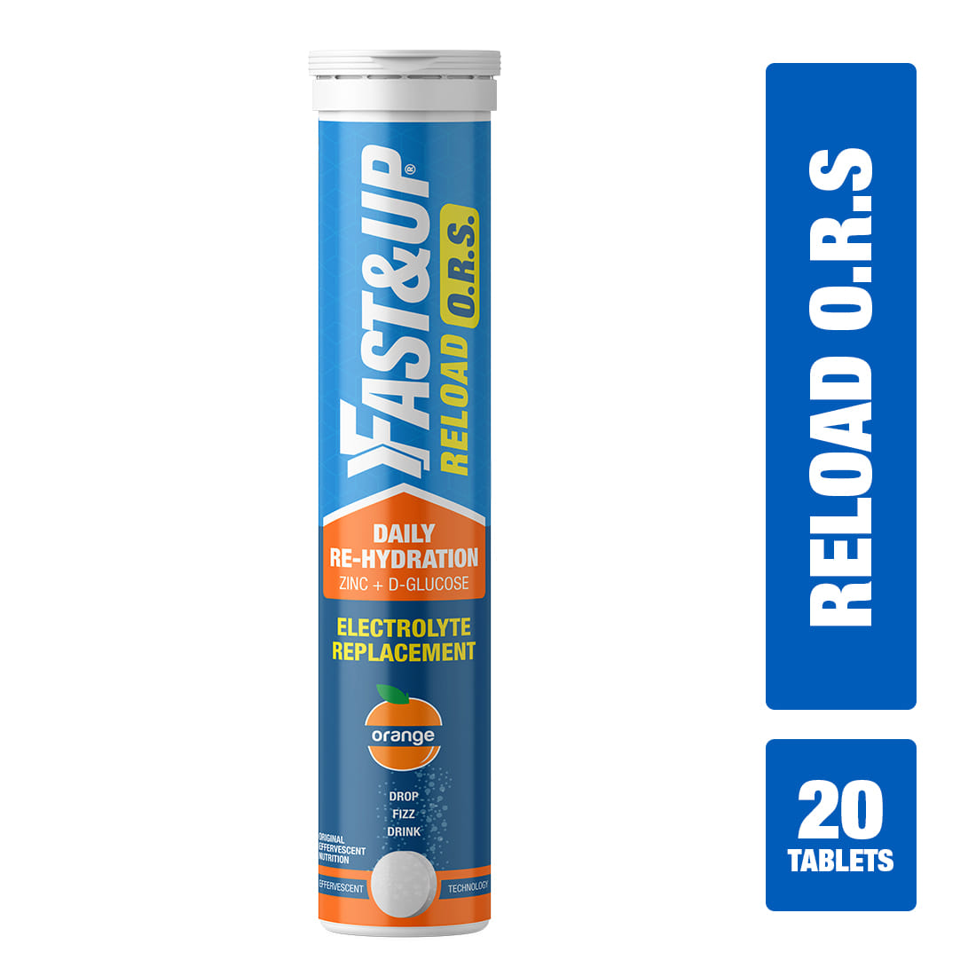 Fast & Up Reload ORS Electrolytes With Zinc & D-Glucose Effervescent Tablets - Fluid balance Hydration Drink (20, Orange Flavored)