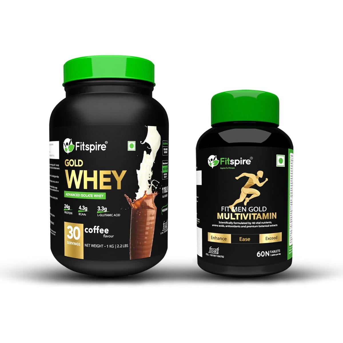 Fitspire 100% Gold Advanced Isolate Whey Protein Coffee 1kg & Fit Men Gold Multivitamin 60 Tablets | Pack of 2 Combo