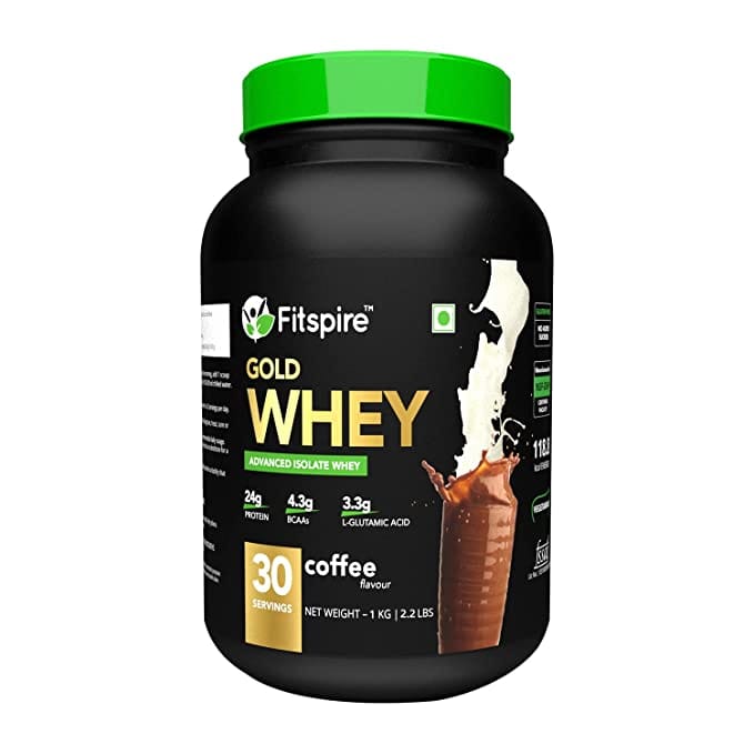 Fitspire Gold Standard 100% Whey Protein Isolate - 1 kg/2.2 lb | 33 gm Serving Size | 24 gm Protein | 4.3 gm BCAA | Gluten & cholesterol Free | Powder Supplement | Coffee - 30 Serving
