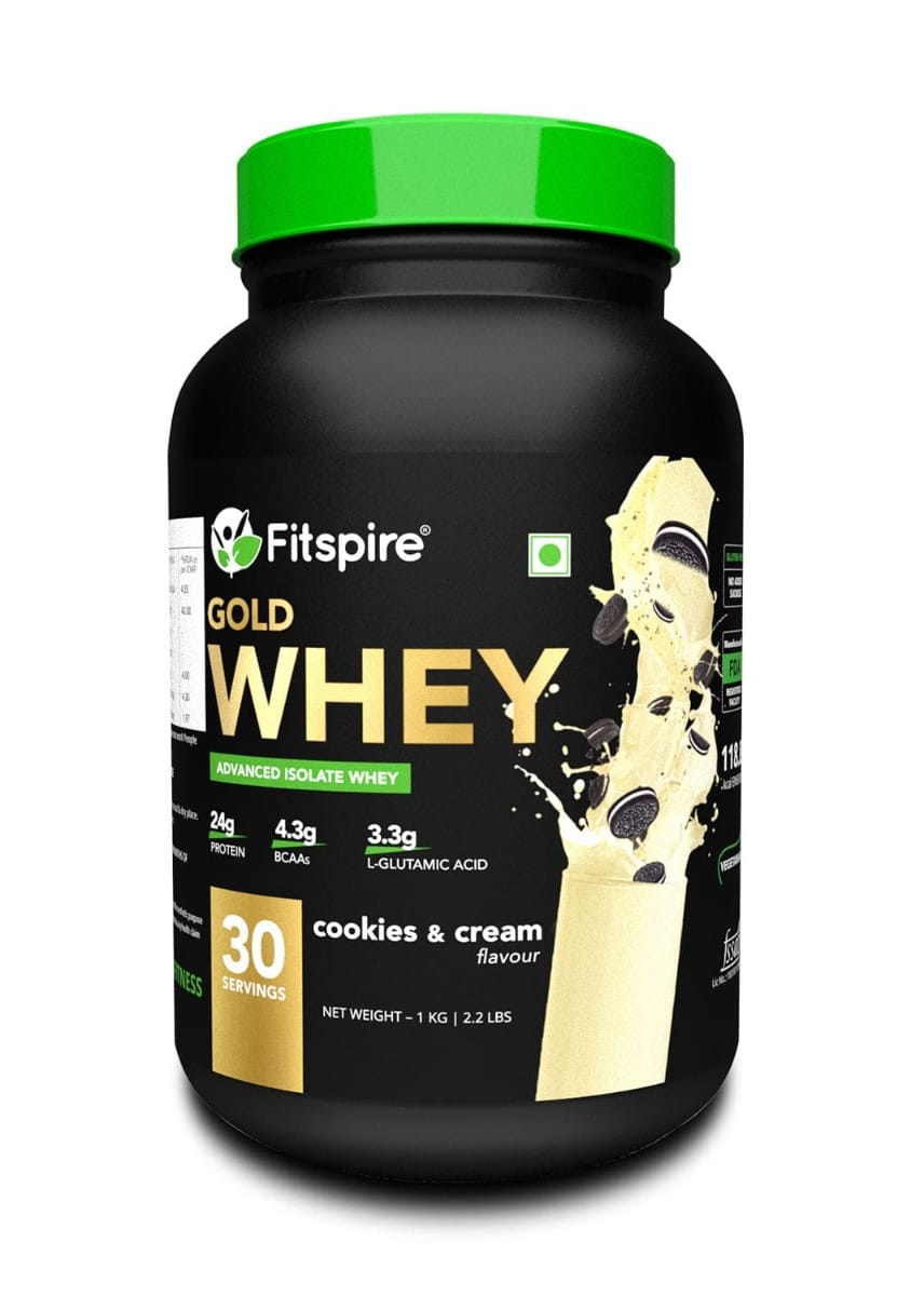 Fitspire 100% Gold Advanced Isolate Whey Protein - Cookie & Cream, 1kg / 2.2lb with 24gm Protein, 4.3gm BCAA, Low Carbs for Faster Recovery & Muscle Building (30 Servings with shaker