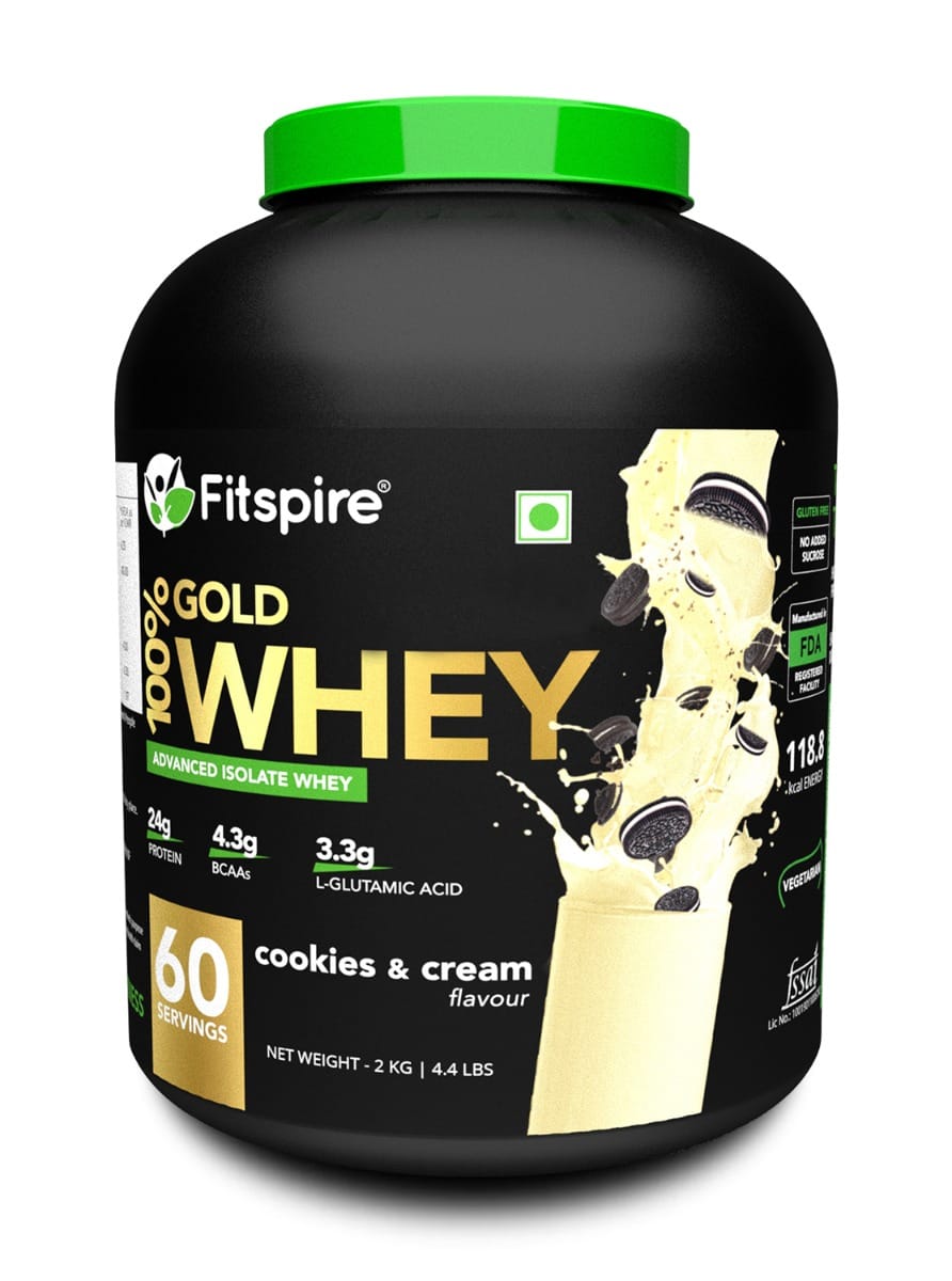 Fitspire 100% Gold Advanced Isolate Whey Protein - Cookie and Cream, 2 kg/4.4 lb | 33 gm Serving Size | 24 gm Protein | 4.3 gm BCAA | Gluten & cholesterol Free | Powder Supplement | - 60