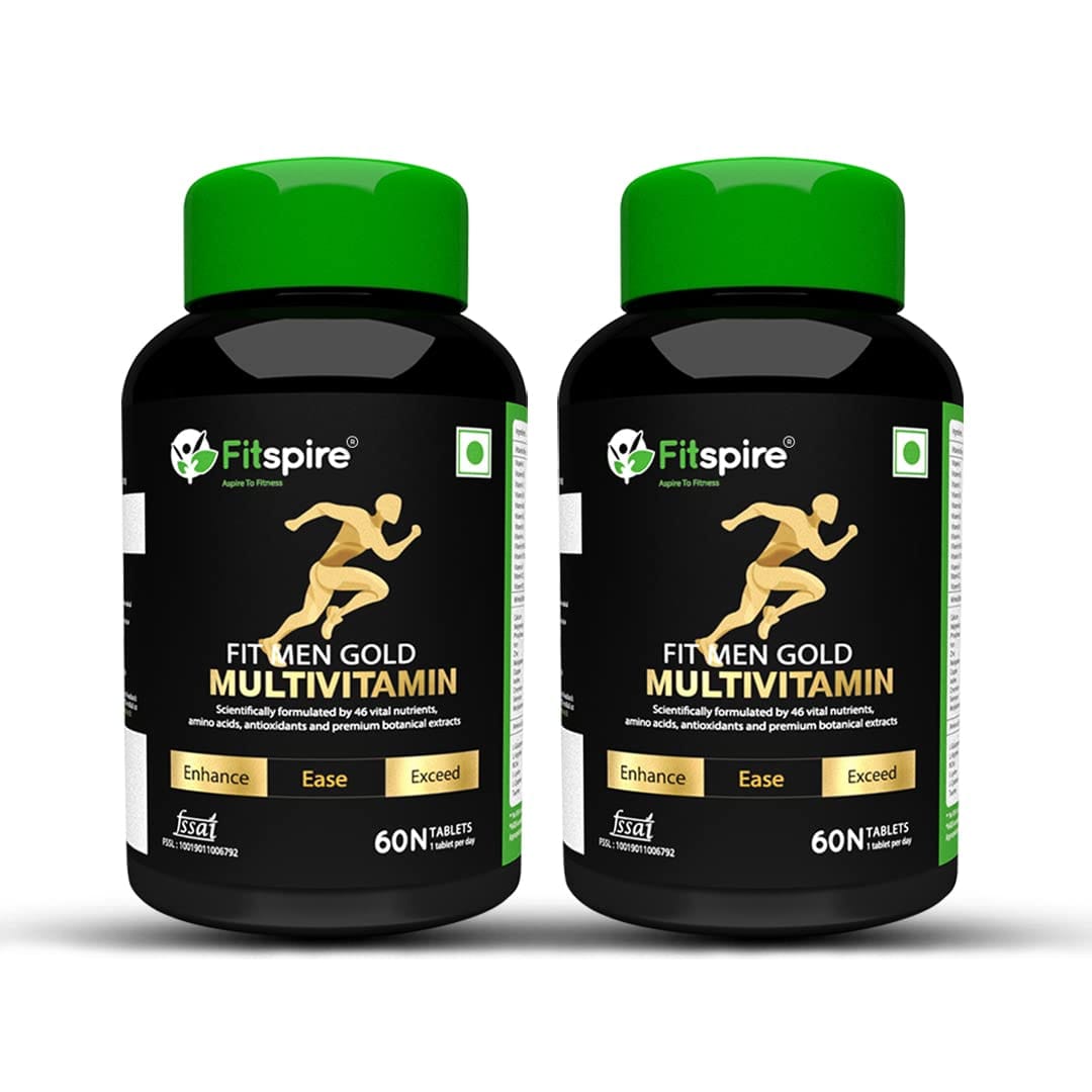 Fitspire Fit Gold Men Multivitamin Tablets | 46 Vital Nutrition | Fruits & Vegetable Blend | Immunity & Energy with Calcium, Zinc & Iron Extracts | Zero Cholesterol - 60 Tablets (Pack 2)