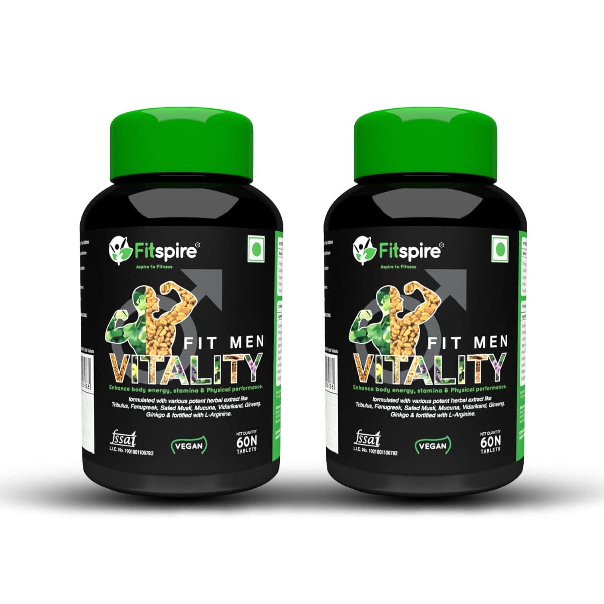 Fitspire Men Vitality Tablets |Increased Stamina, Performance & Strength | Natural Herbs - L'Arginine, Fenugreek, Safed Musli & Ashwagandha | 60 + 60 Tablets