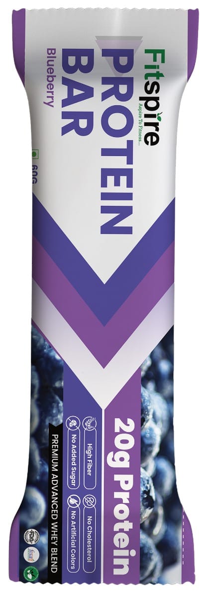 Fitspire Protein Bar - Blueberry Flavor, 60gm | with 20.5 gm Whey Blend Protein | Snack Bar for Energy, Hunger Satisfaction & Performance Boost with No Artificial Preservatives