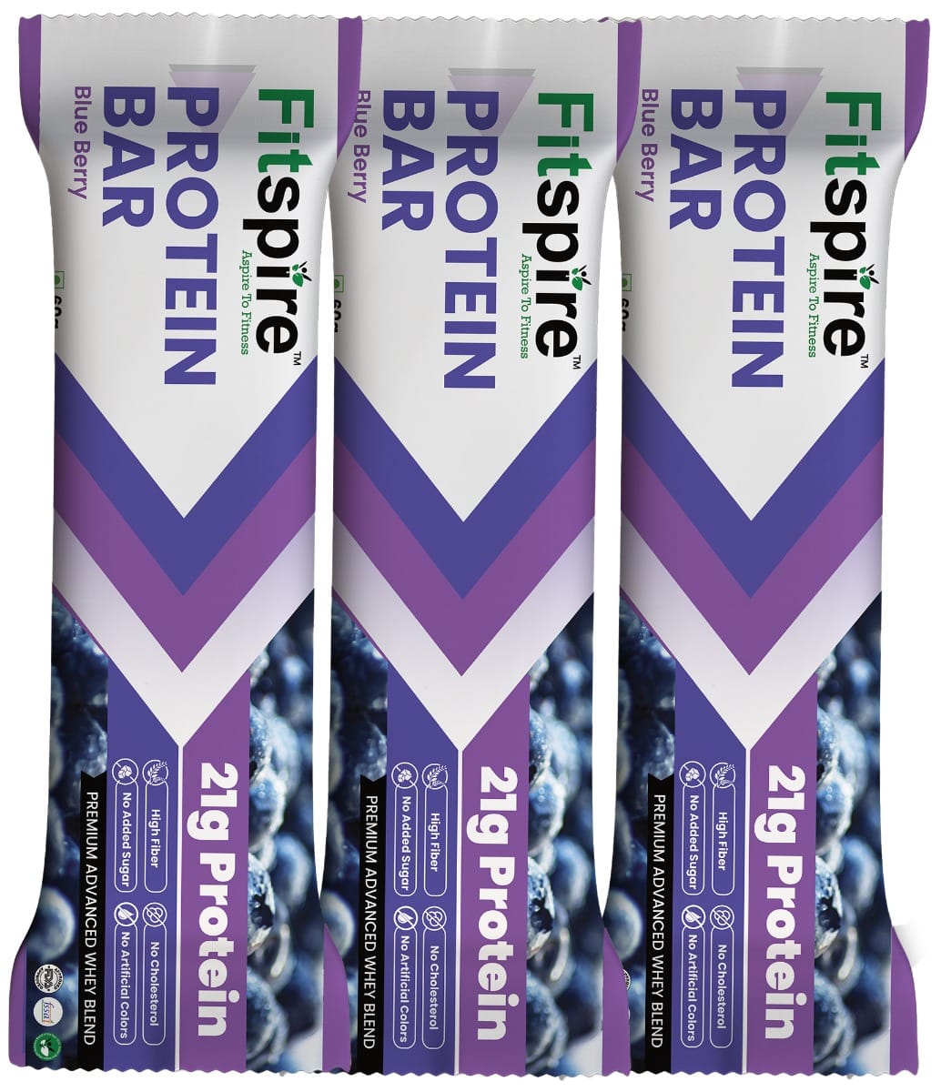 Fitspire Protein Bar - Blueberry Flavor, 180 gm | with 20.5 gm Protein Each | No Artificial Sweetener & Flavor | Protein Snacks for Muscle gain | Each Flavour - 60 gm | Pack of 3