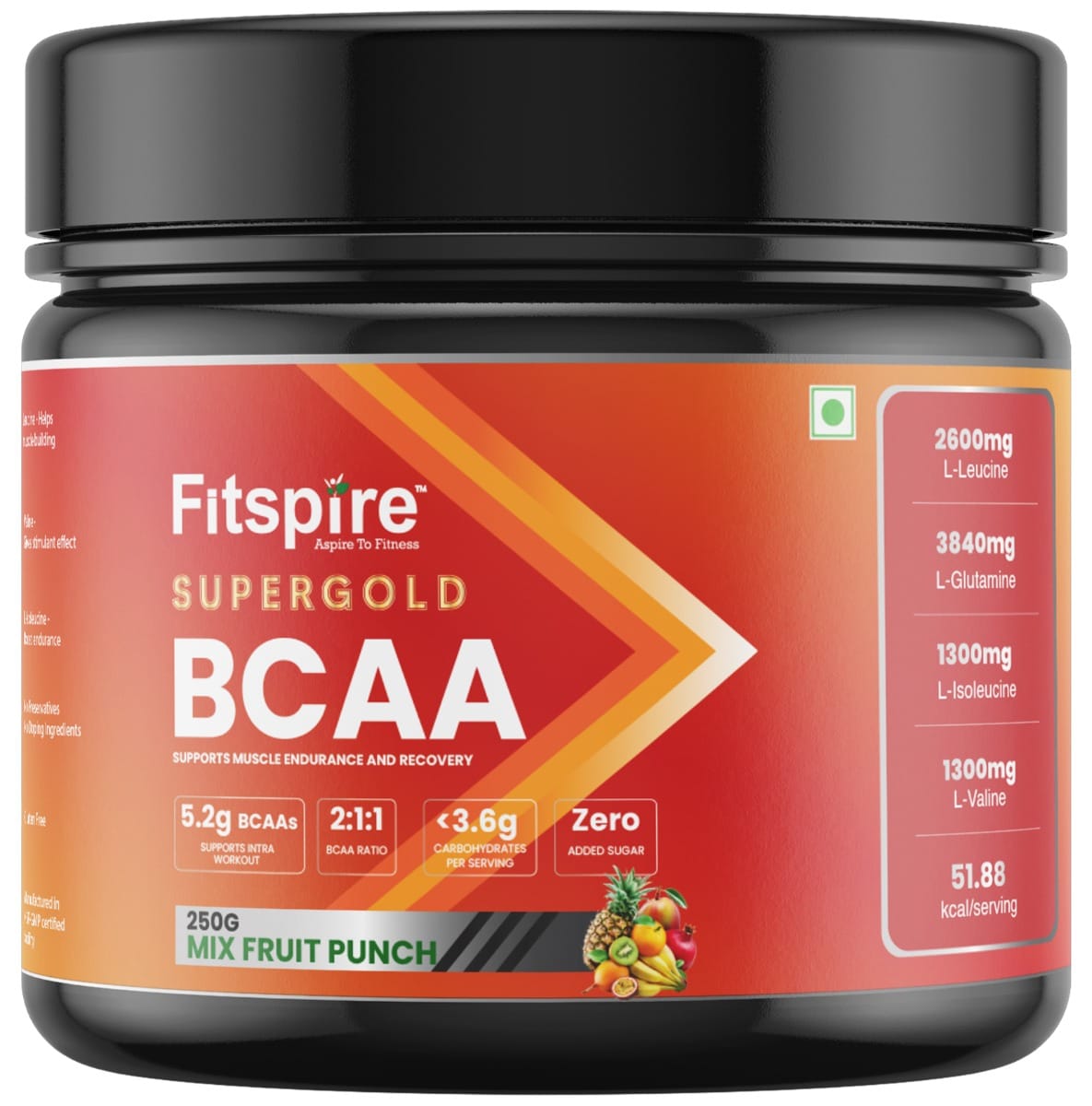 Fitspire super gold BCAA supplement for men women 250 gm 19 servings 2:1:1 ratio (Leucine, Isoleucine, valine) with glutamine amino acid | muscle growth and recovery |intra-workout (Fruit pu