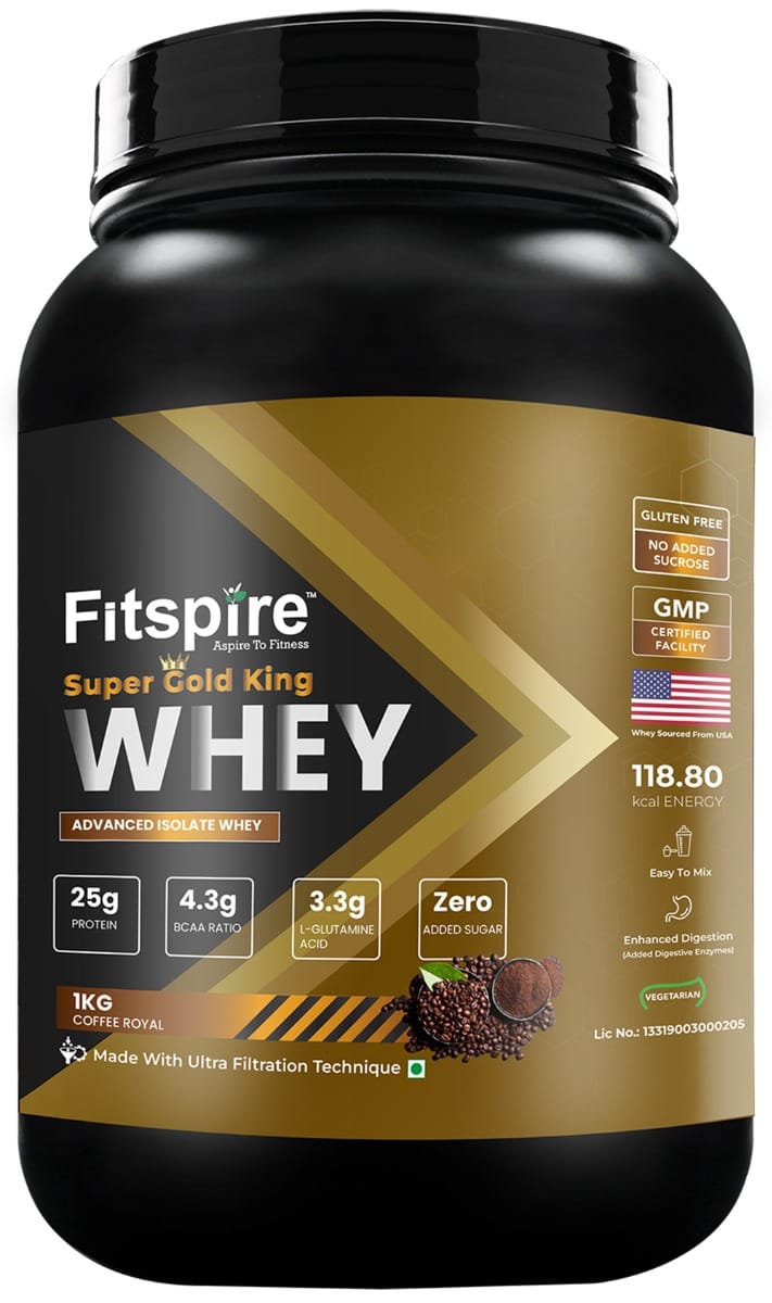Fitspire Super Gold king Advanced isolate Whey Protein - 1 kg/2.2 lb | 25 gm Protein | 4.3 gm BCAA | 3.3gm L-Glutamine acid | Zero Added sugar | Powder Supplement | Coffee Royal - 30 - Servi