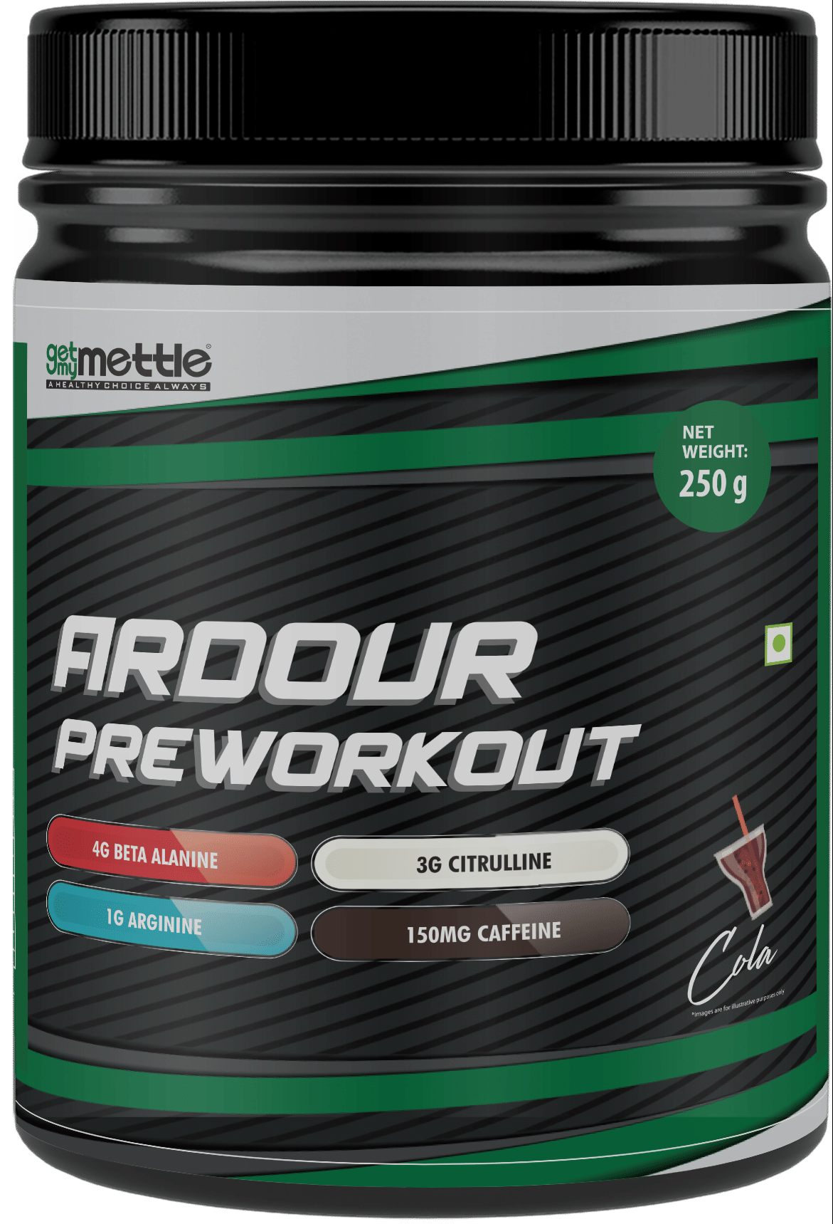 Getmymettle Ardour Pre Workout 4g Beta Alanine 3g Citrulline 1g Arginine 150mg Caffeine 10g serving size 25 Servings Green Apple 250g