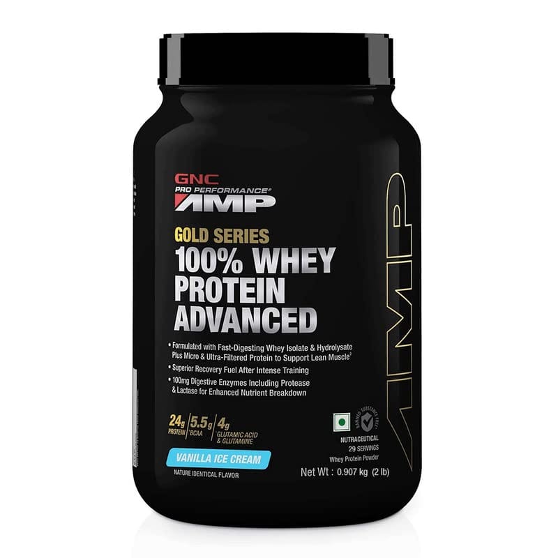 GNC AMP Gold Series 100% Whey Protein Advanced | Lean Muscle Gains | Advanced Fitness Performance | Formulated In USA | 24g Protein | 5.5g BCAA | 4g Glutamine | Delicious Strawberry | 4 lbs