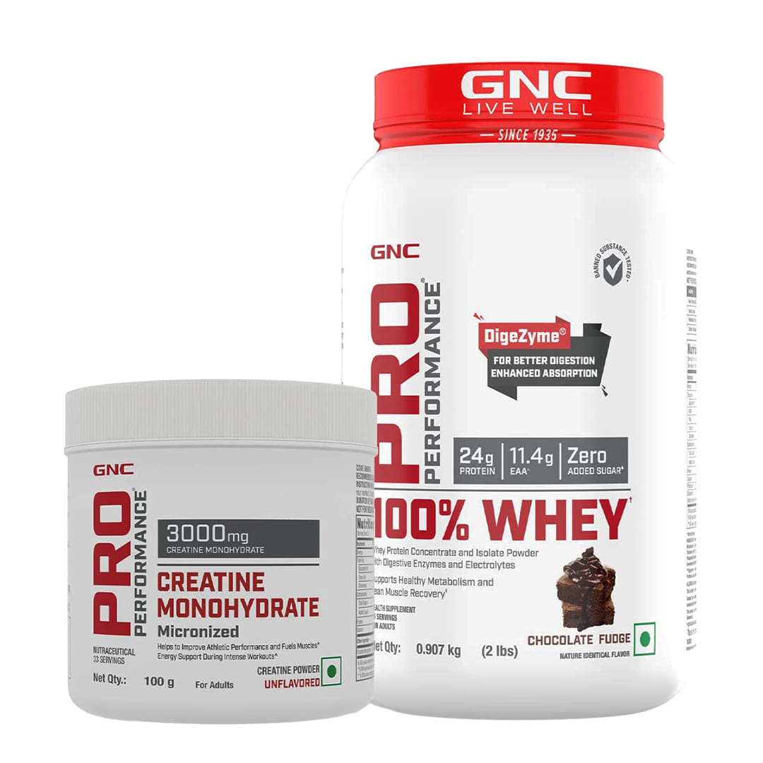 GNC Pro Performance 100% Whey + Creatine Monohydrate Combo (Chocolate Fudge, 2 lbs + 100 grams Creatine)