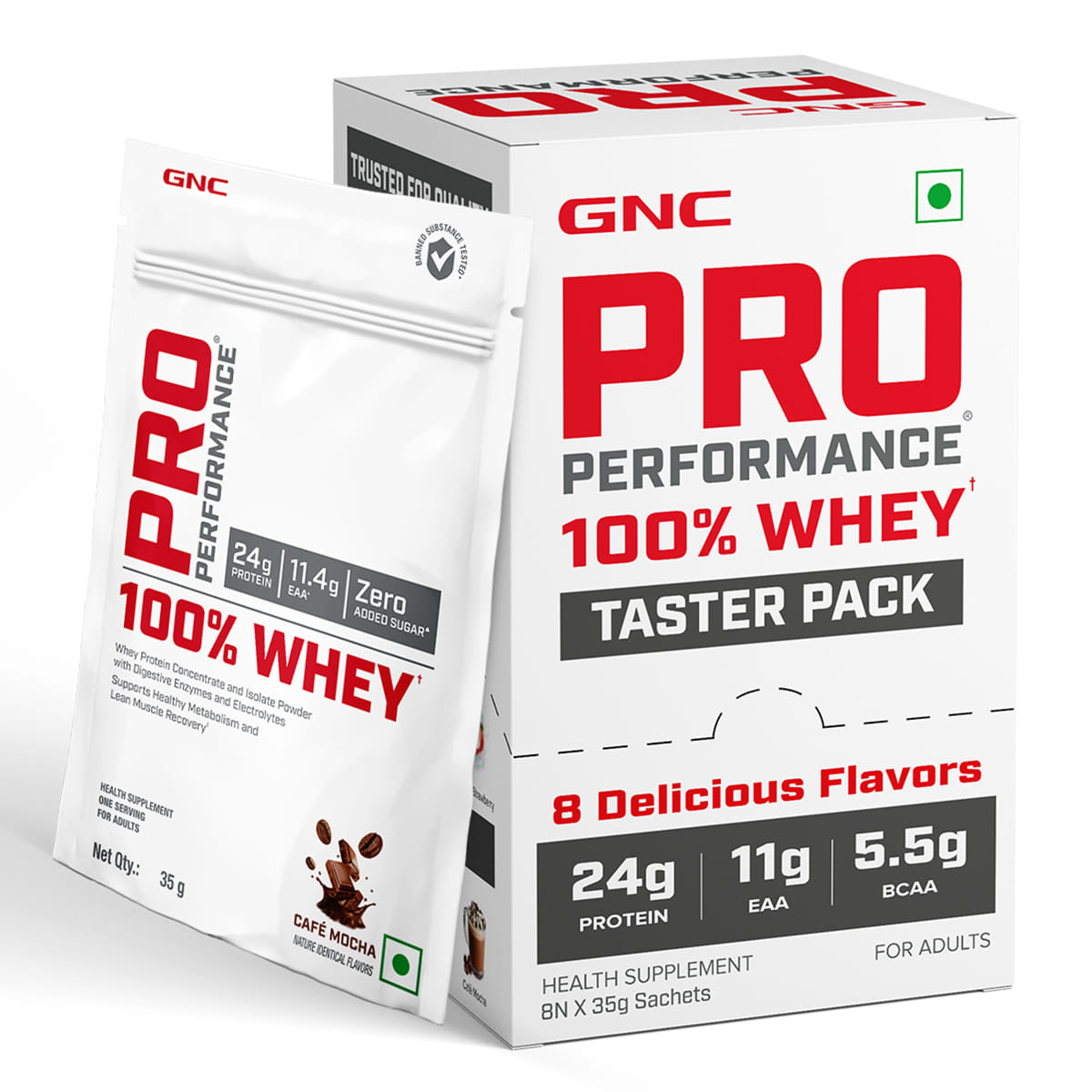 GNC Pro Performance 100% Whey Taster Pack | 8 Flavours x 35g Single-Serve Sachets | Muscle Growth & Recovery | Mango | Vanilla | Chocolate Flavors | Café Mocha | Kulfi | Strawberry | Kesar P