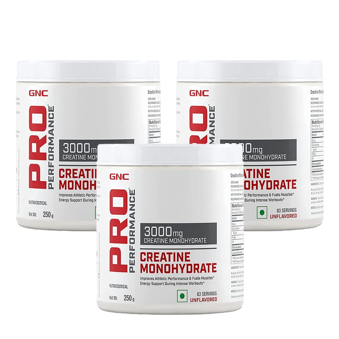 GNC Pro Performance Creatine Monohydrate 3000mg (250gm) (Unflavored) - Pack of 3