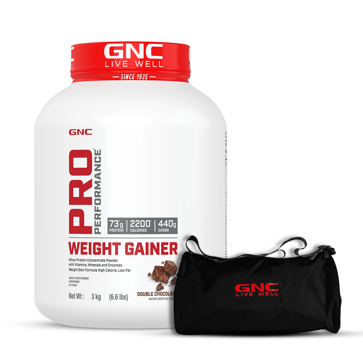 GNC Pro Performance Weight Gainer & Gym Bag Kit | Double Chocolate | 3 Kg | Promotes Healthy Body Gains | Reduces Muscle Breakdown |