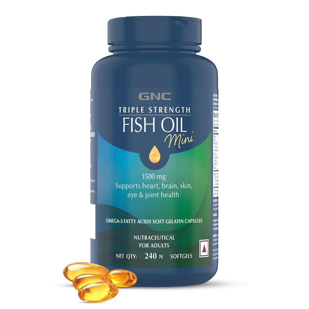 GNC Triple Strength Fish Oil Mini Omega 3 Capsules for Men & Women | 900mg EPA & DHA | Improves Memory | Protects Vision | No Fishy Aftertaste | Supports Family Health | USA Formulated | 240