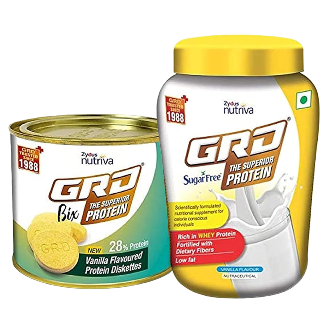 GRD Bix Vanilla Flavoured High protein biscuits with Immuno Nutrients, 250g & Sugarfree - Low Fat, Superior Whey protein powder with 26 Essential Nutrients & High Fiber, 200g