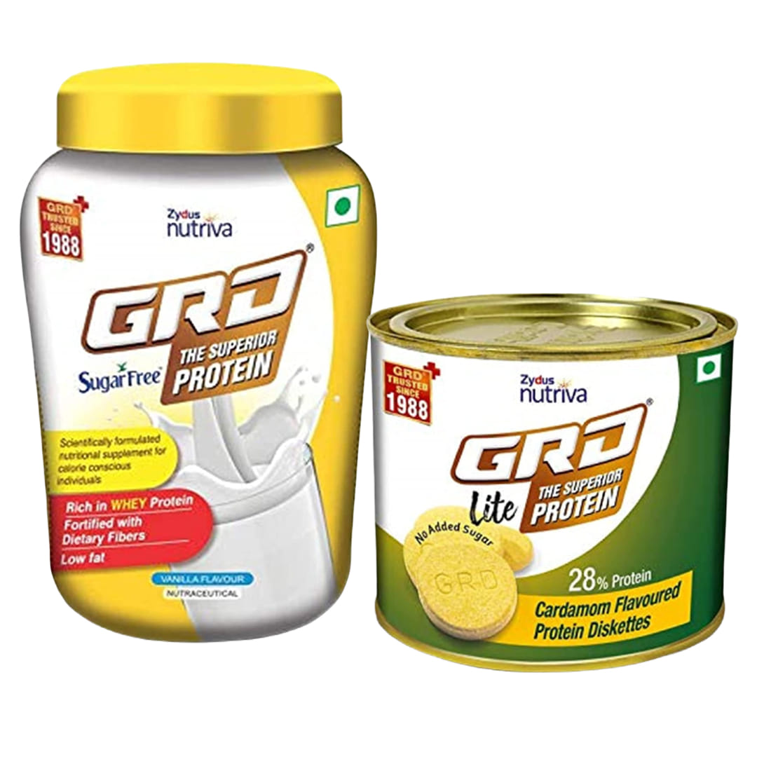 GRD Vanilla Sugarfree Low Fat, Superior Whey protein powder with 26 Essential Nutrients & High Fiber, 200g & Lite Cardamom Flavoured Nutrient-rich protein biscuits with Zero Cholesterol & No