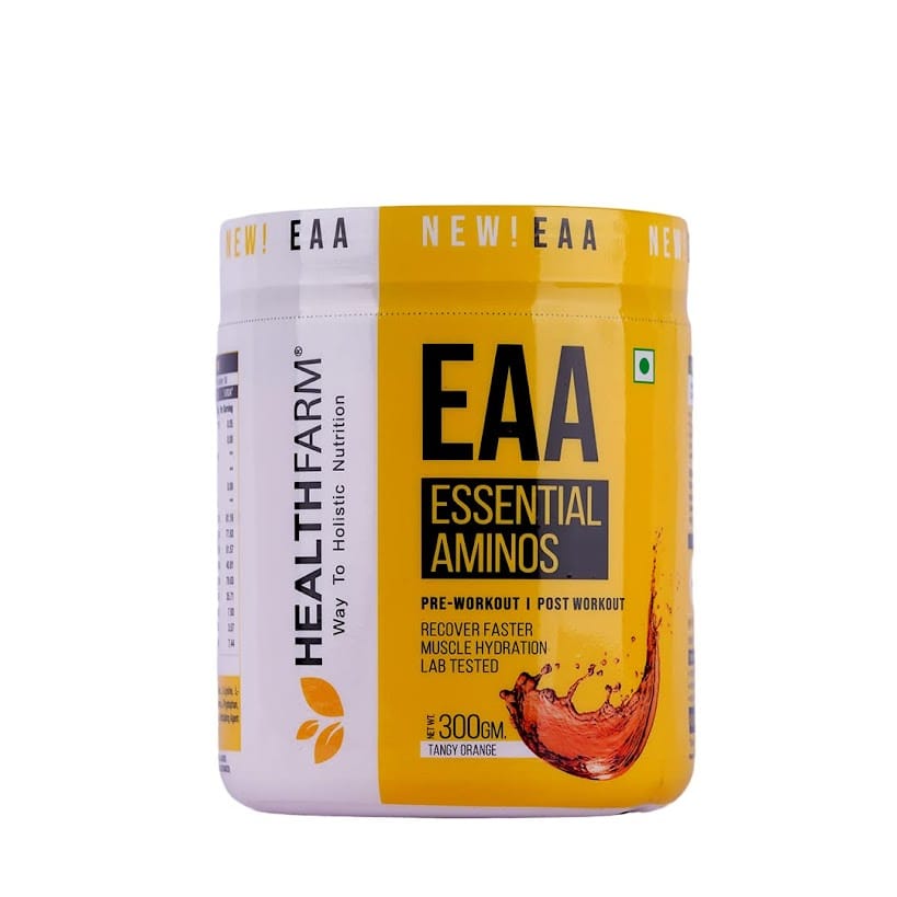 Healthfarm EAA Hydration | EAAs + BCAAs Powder | Muscle Recovery, Strength, Muscle Building, Endurance | 10G Essential Amino Acids - 30 Servings |300gm|300gm|Tangy Orange