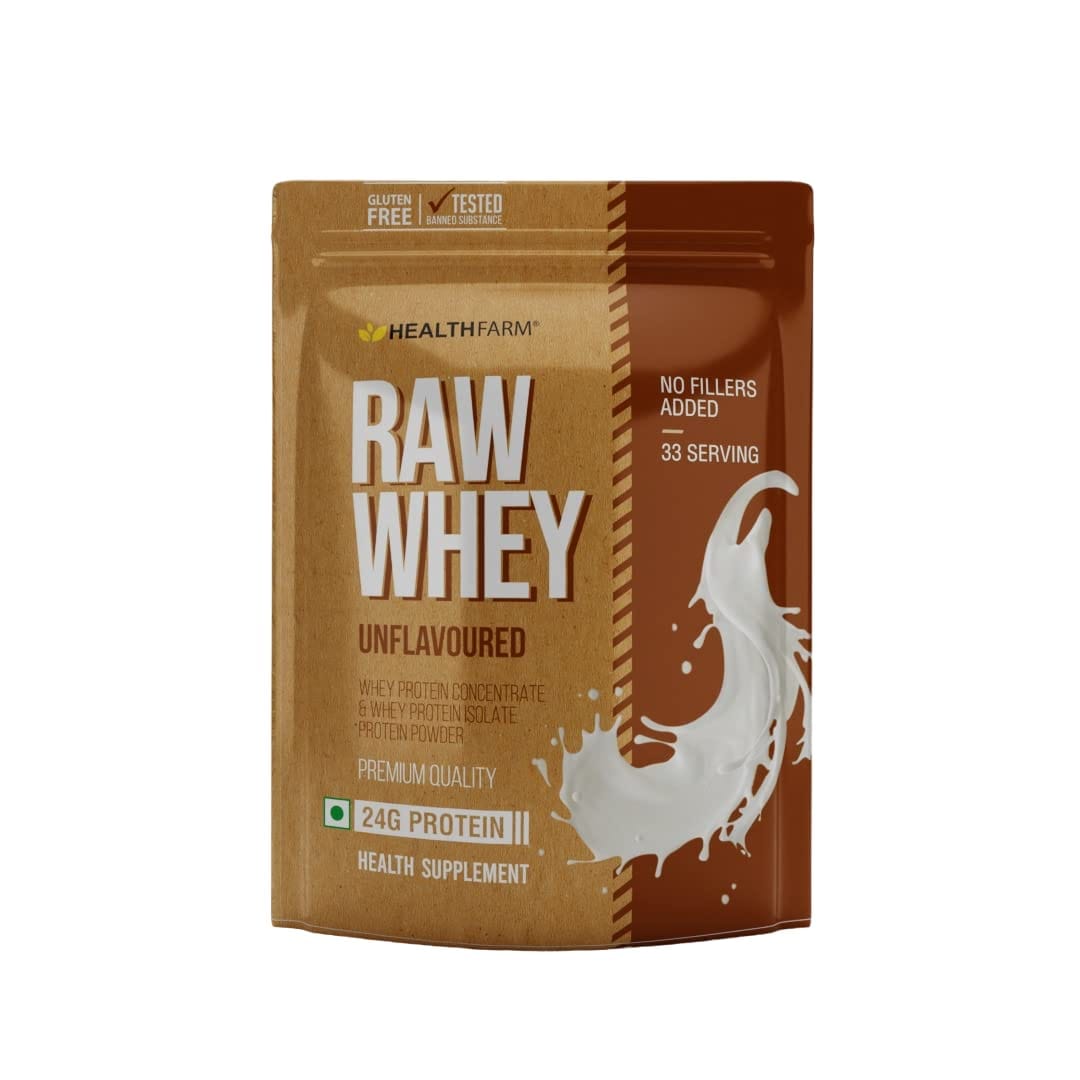 Healthfarm Raw Whey Unflavoured Whey Protein Concentrate + Whey Isolate Protein Powder|1kg|33 Servings