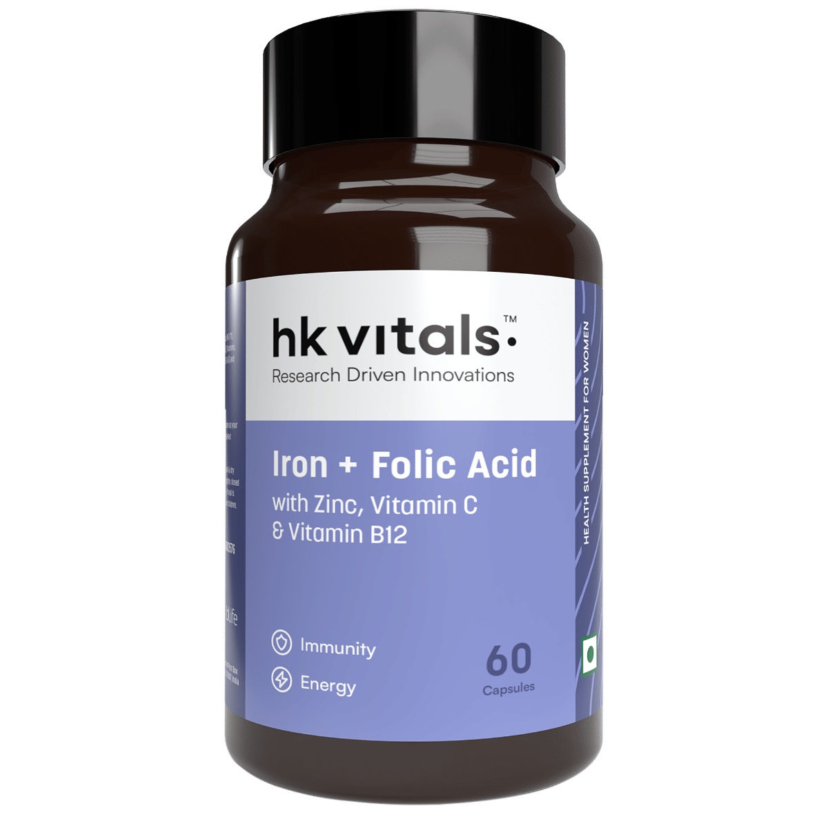 HK Vitals Iron + Folic Acid Supplement, with Zinc, Vitamin C & Vitamin B12, Supports Blood Building, Immunity and Energy, 60 Iron Folic Capsules