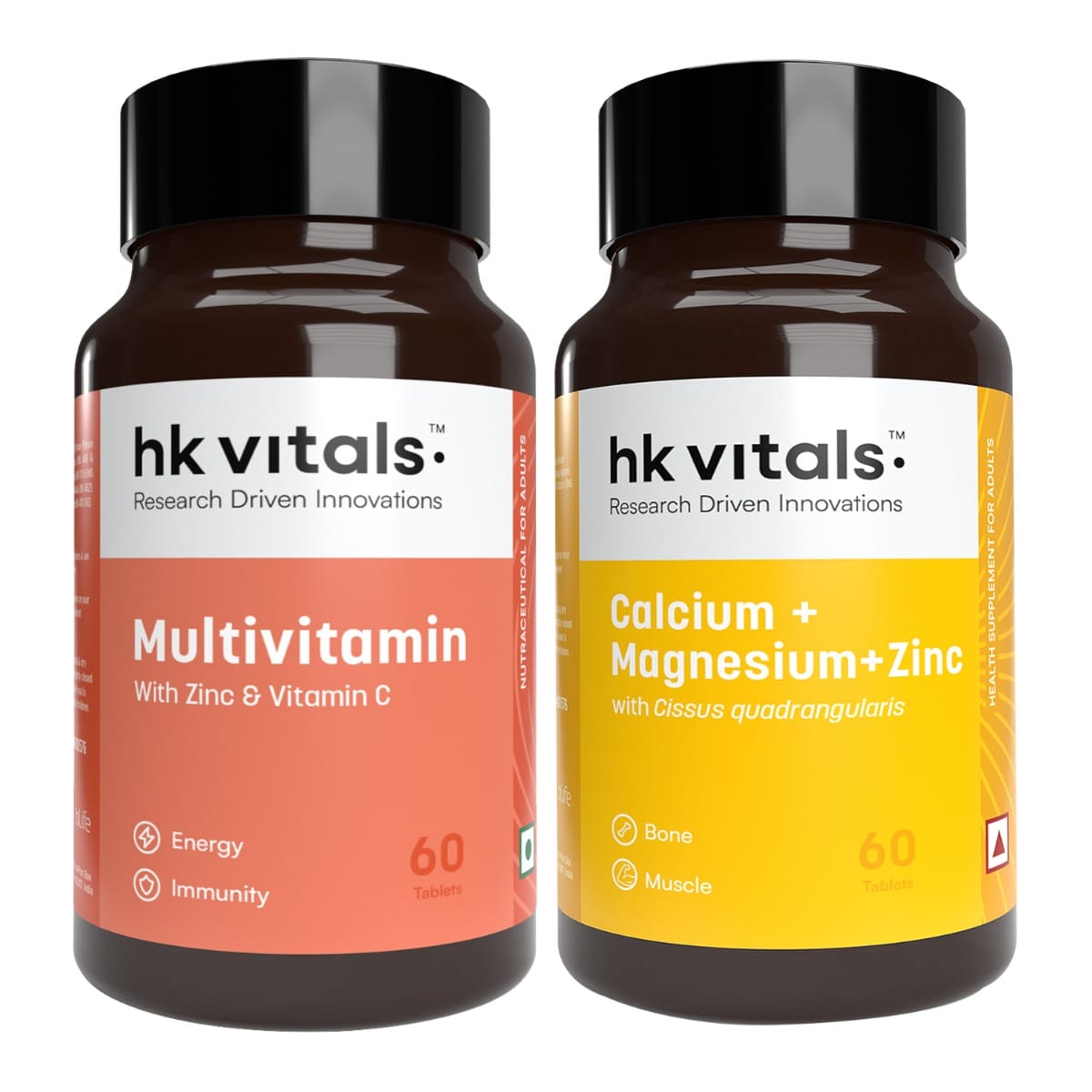 HK Vitals Multivitamin for Men and Women, with Multimineral, Amino Acids, Taurine and Ginseng, 60 Tablets with Calcium, Magnesium and Zinc Tablets with Vitamin D3, 60 Tablets (Combo Pack)