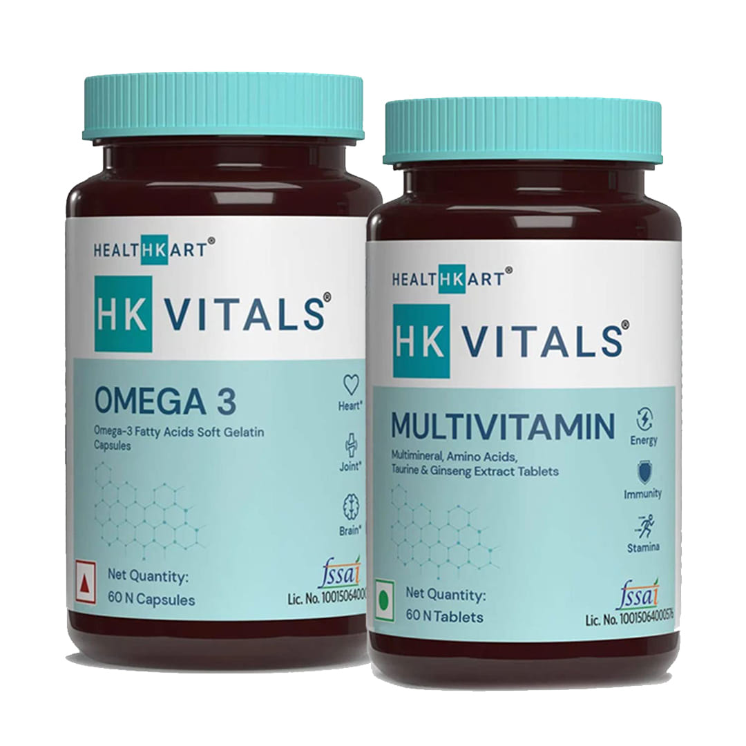 HK Vitals Omega 3 Supplement and Multivitamin Combo, Pack of 60 Omega 3 Capsules + 60 Multivitamin Tablets
