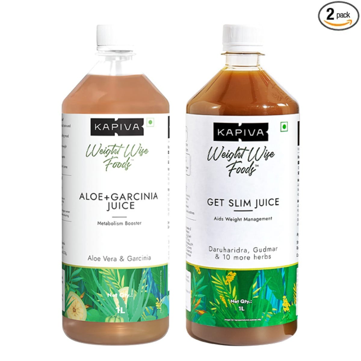 Kapiva Aloe Vera and Garcinia Juice + Get Slim Juice (2 packs of 1L each) | Weight Management & Digestion Stimulation | 100% Natural | No added sugar