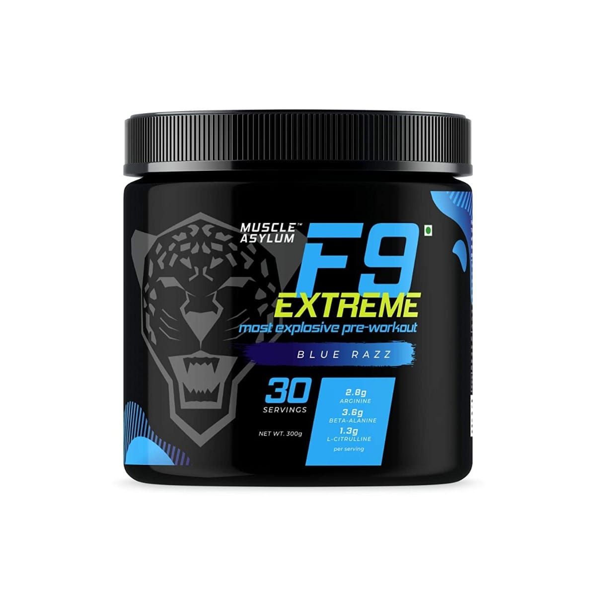 Muscle Asylum F9 Extreme Pre-Workout Energy Supplement | High Caffeine + Beta Alanine + EAA- Creatine Free - Pack of 300g, 30 Servings (Blue Razz)
