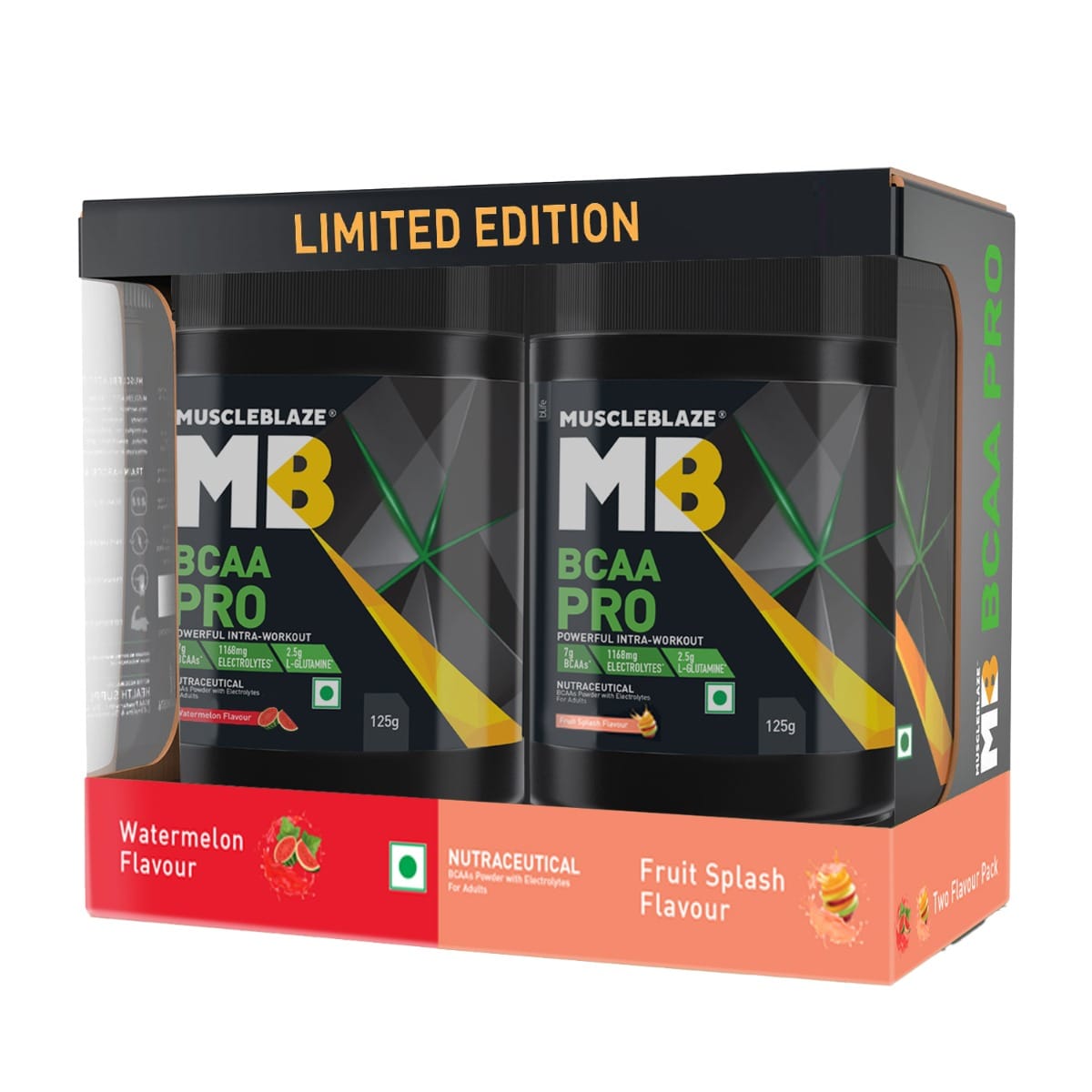 MuscleBlaze MB BCAA Pro, Powerful Intra Workout, with 7g Vegan BCAAs, 1168.50 mg Electrolytes, 2.50 g Glutamine (Watermelon & Fruit Splash, 250 g, 16 Servings)