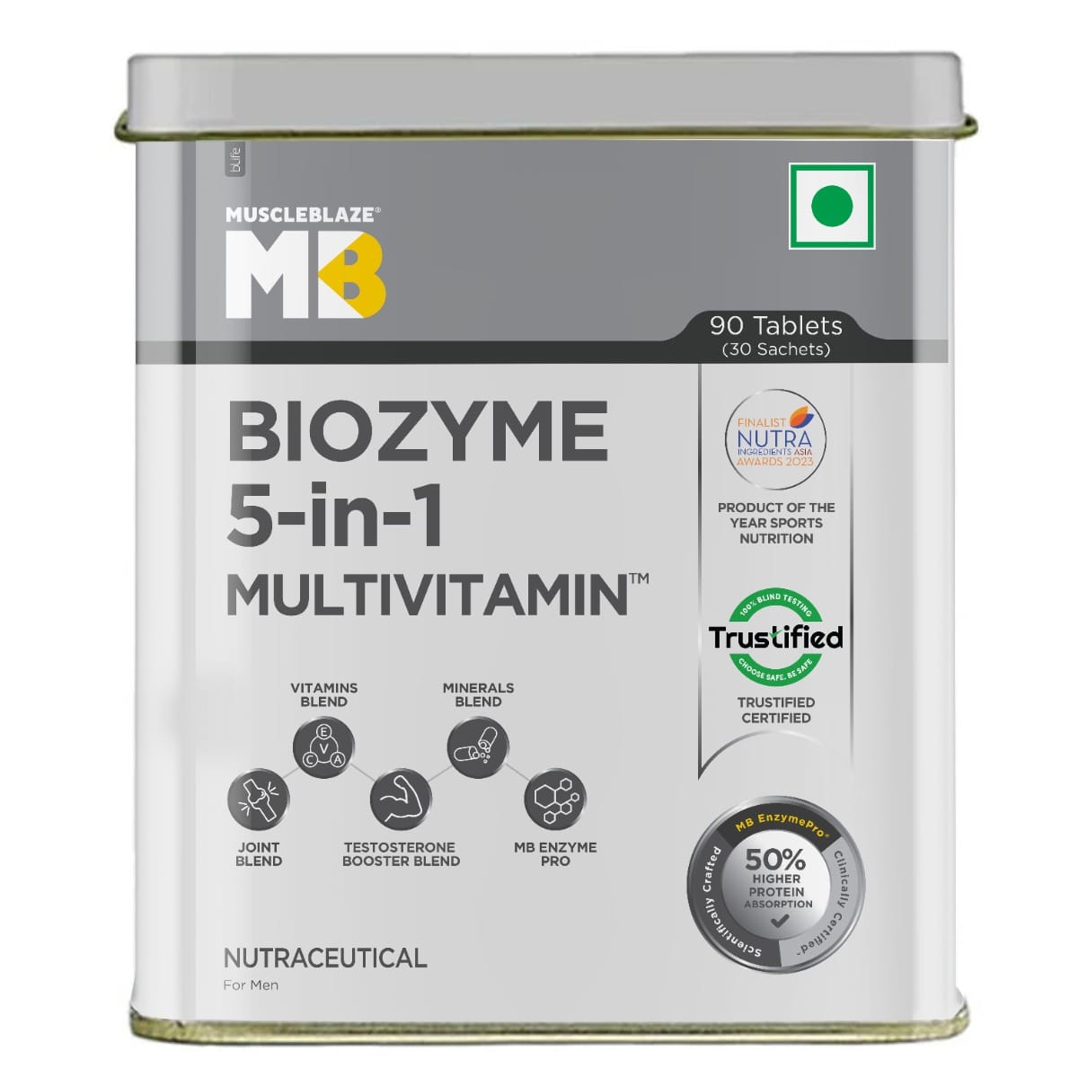 MuscleBlaze MB Biozyme Daily Multivitamin | 90 Tablets | Vitamins & Minerals | Testosterone Booster | Joint Blend